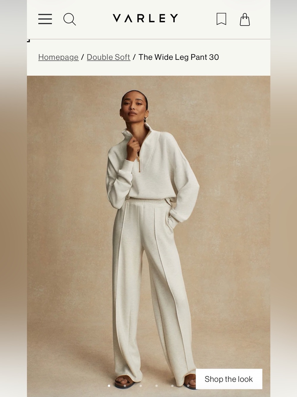 Varley Wide Leg Pant Ivory Marl DoubleSoft Pintuck High Rise | Size M